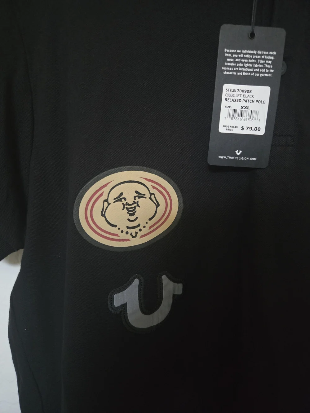 True Religion Black Polo with Red & Gold Embroidered Patches